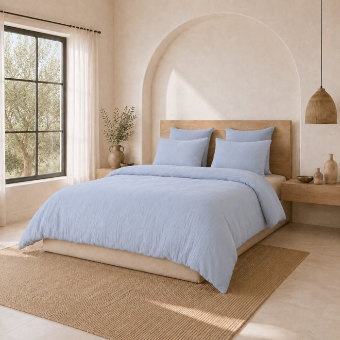 Parure housse de couette gaze de coton lavé bleu givrée