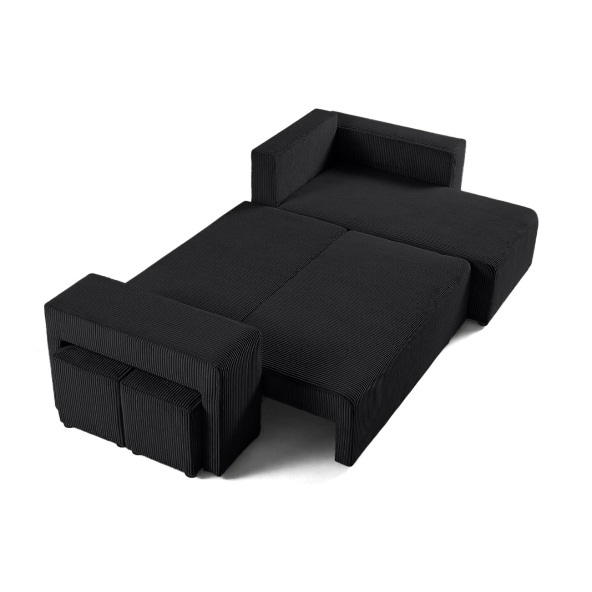 Topaze - canapé d'angle réversible 4 places - convertible avec coffre, tablette et poufs - en velours côtelé - Noir