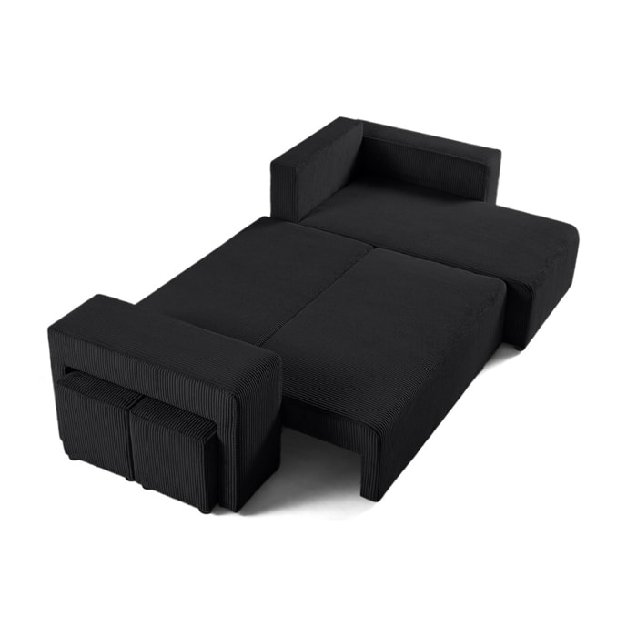 Topaze - canapé d'angle réversible 4 places - convertible avec coffre, tablette et poufs - en velours côtelé - Noir