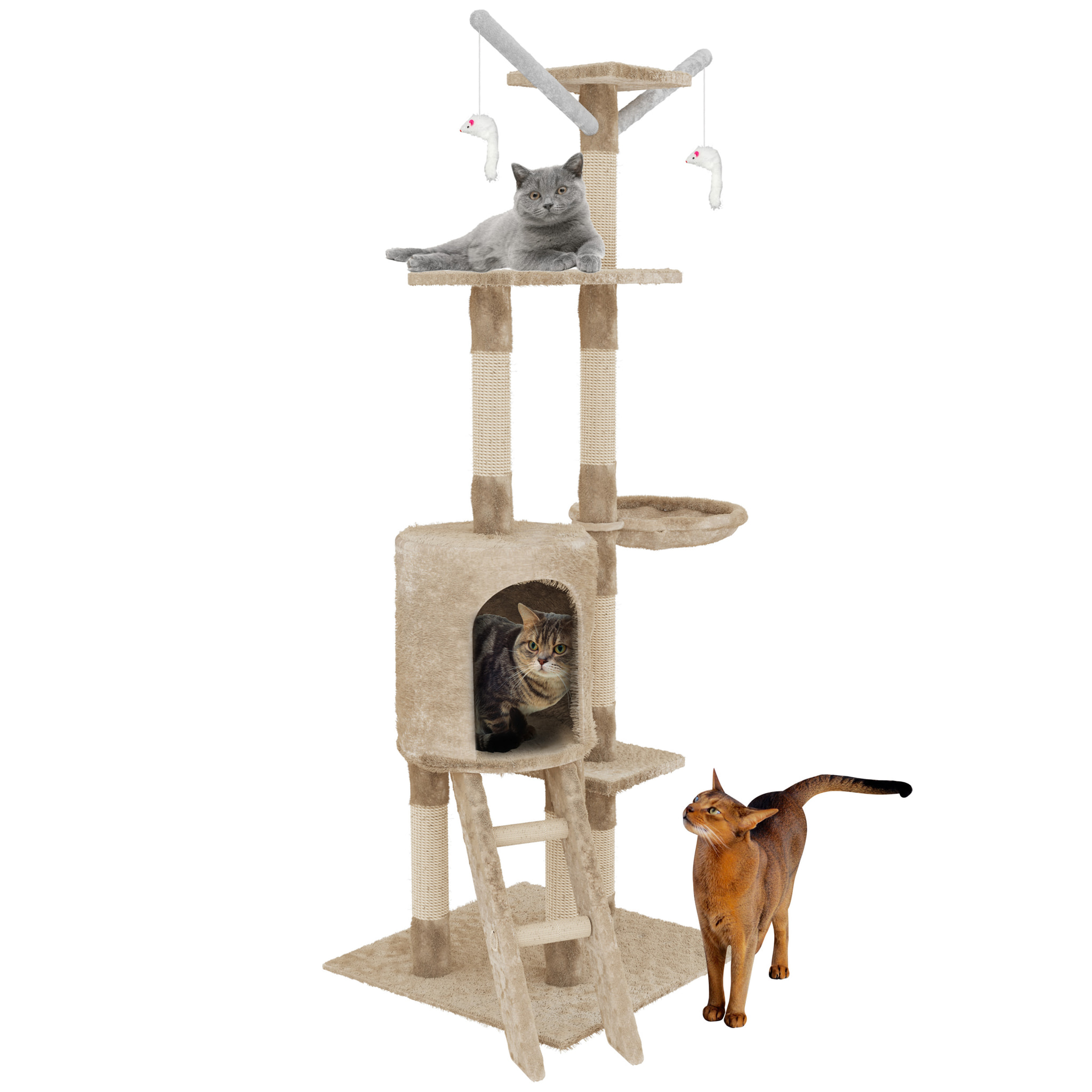 Albero per Gatto con Graffiatoio Cuccia Giocattolo Gatti Parco Giochi Tiragraffi in Sisal Naturale 150 x 50 x 35 cm (Colore Beige Matis 30060)