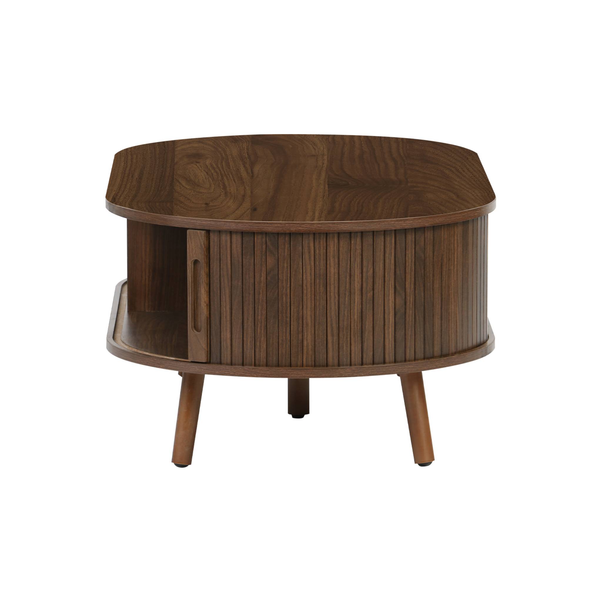 Table basse 2 portes coulissantes avec 3 compartiments effet bois rainuré noyer. L 110 x P 59 x H 39cm