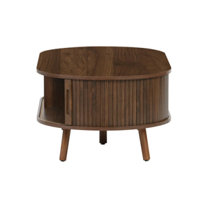 Table basse 2 portes coulissantes avec 3 compartiments effet bois rainuré noyer. L 110 x P 59 x H 39cm