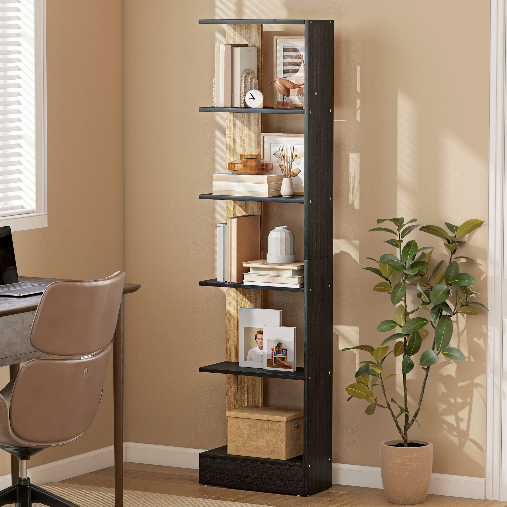 Estantería de 5 Niveles, Estantería Almacenaje, Librería Estrecha para Espacios Pequeños, Sala de Estar y Cocina, 45x21x170 cm, Negro y Roble