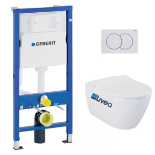 Pack WC Bati-support Geberit UP100 + WC sans bride Livea Bello + Abattant softclose + Plaque Blanc alpin ( Livea BelloGeb1)