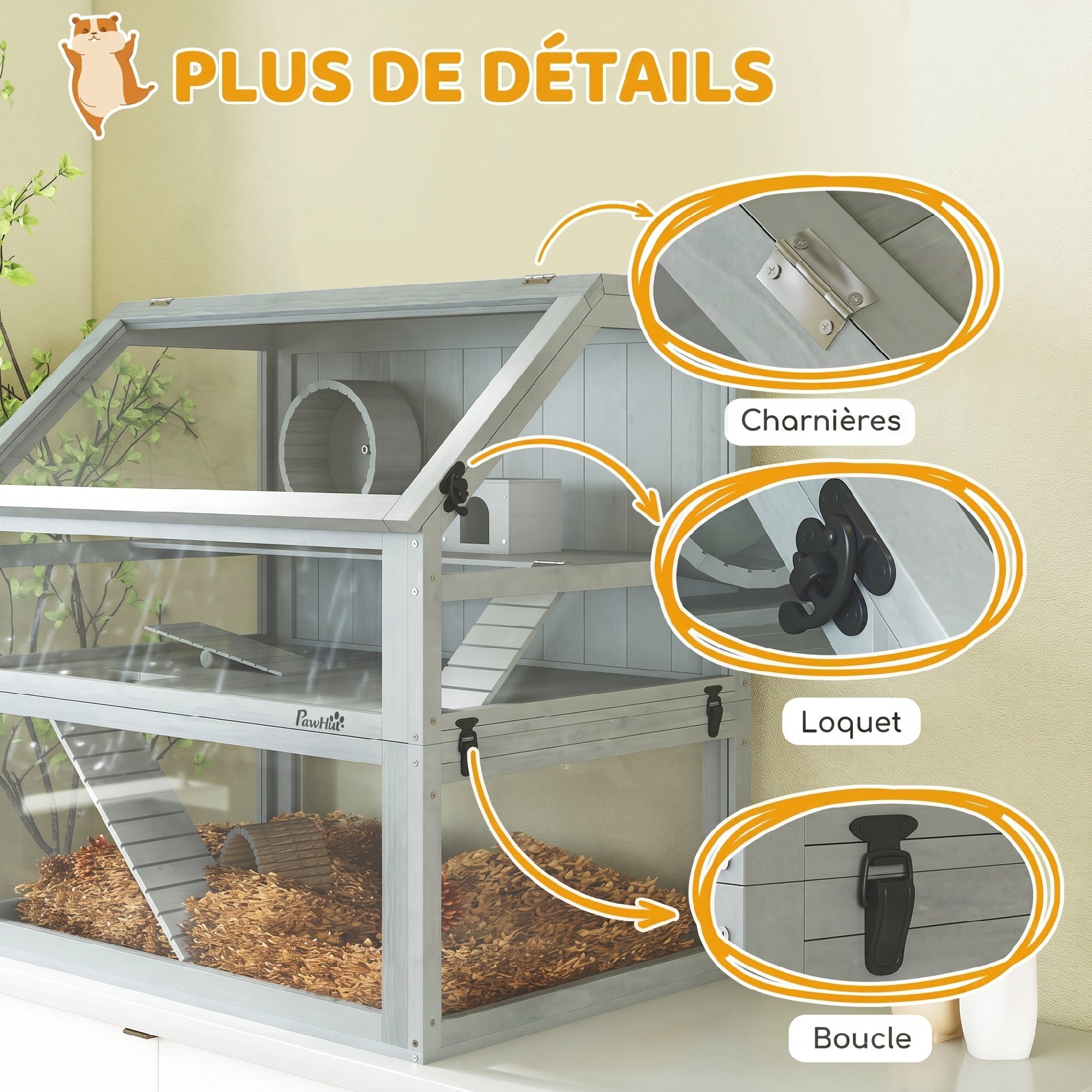 Cage rongeur hamster en bois dim.80x50x76cm 3 niveaux rampes roue bascule cabane gris