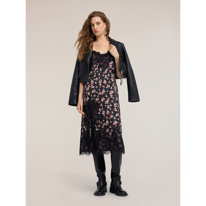 Motivi - Vestido de georgette con estampado floral y encaje - Negro