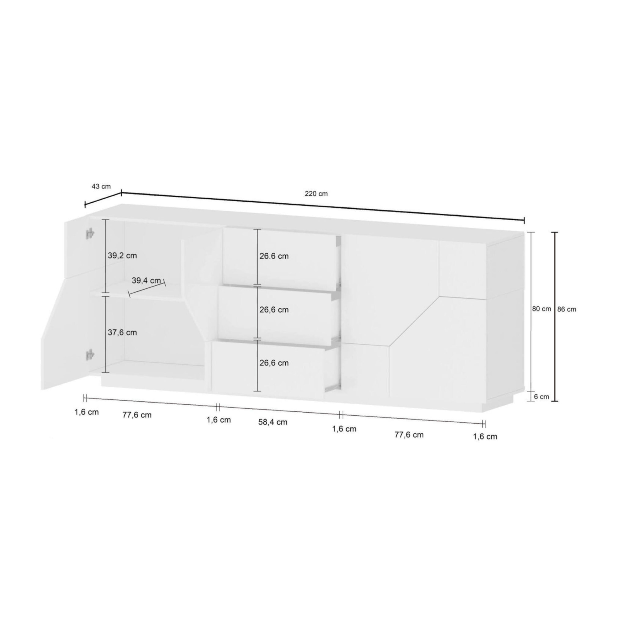 Credenza moderna a 4 ante geometriche e 3 cassetti, Made in Italy, Madia da cucina, Buffet di design da soggiorno, Cm 220x43h86, Bianco lucido