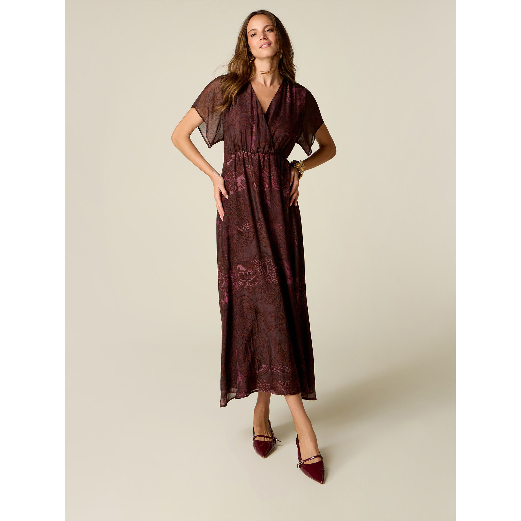 Oltre - Vestito flare in chiffon misto seta fantasia - Marrone