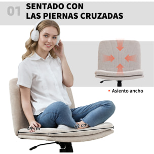 Silla de Oficina Piernas Cruzadas, Silla de Escritorio con Asiento Ancho, sin Reposabrazos, Ruedas, Altura Ajustable, Giratoria, Función Basculante, Tapizada en Chenilla, Beige