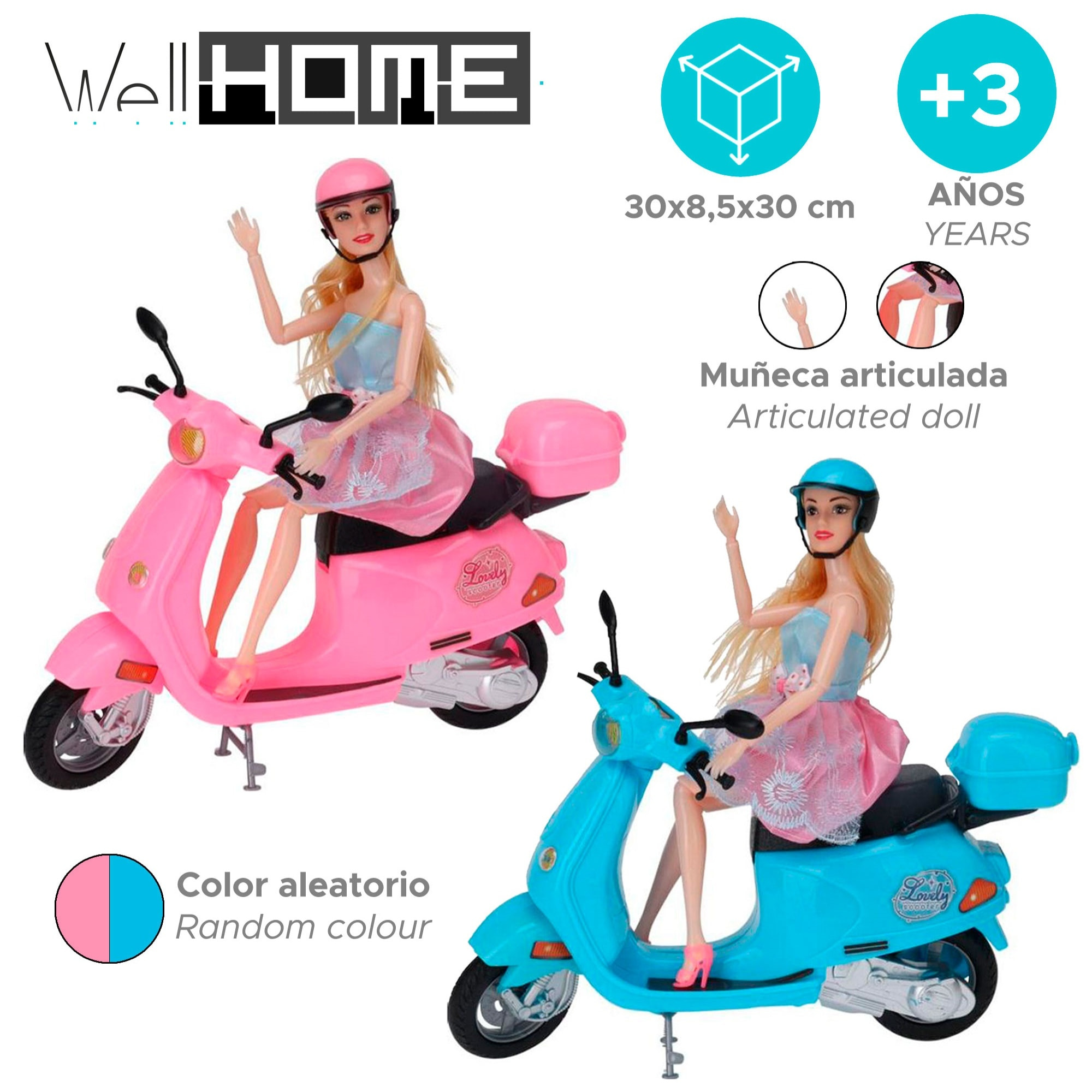 Well home juego de muñecas con scooter en color aleatorio en azul o rosa