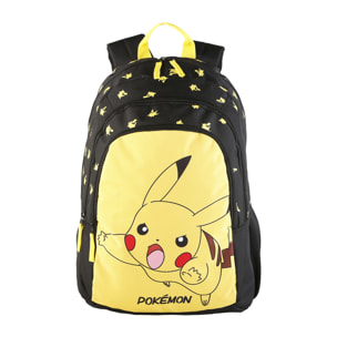 Pokemon Pikachu mochila primaria doble compartimento + carro  con protección lateral y stoper frontal, 4 ruedas multidireccionales.