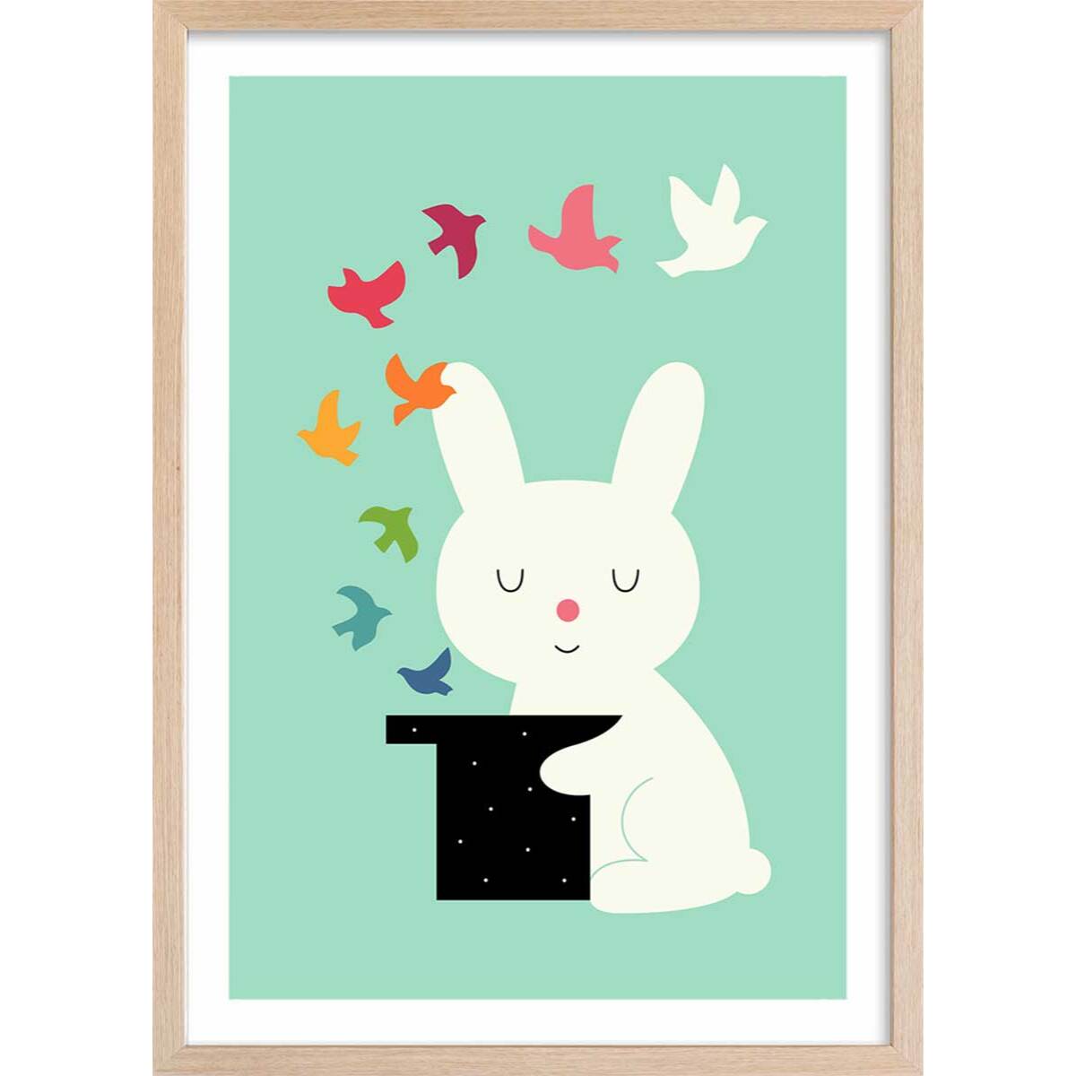 Affiche enfant lapin magicien  Affiche + cadre en bois - Chêne