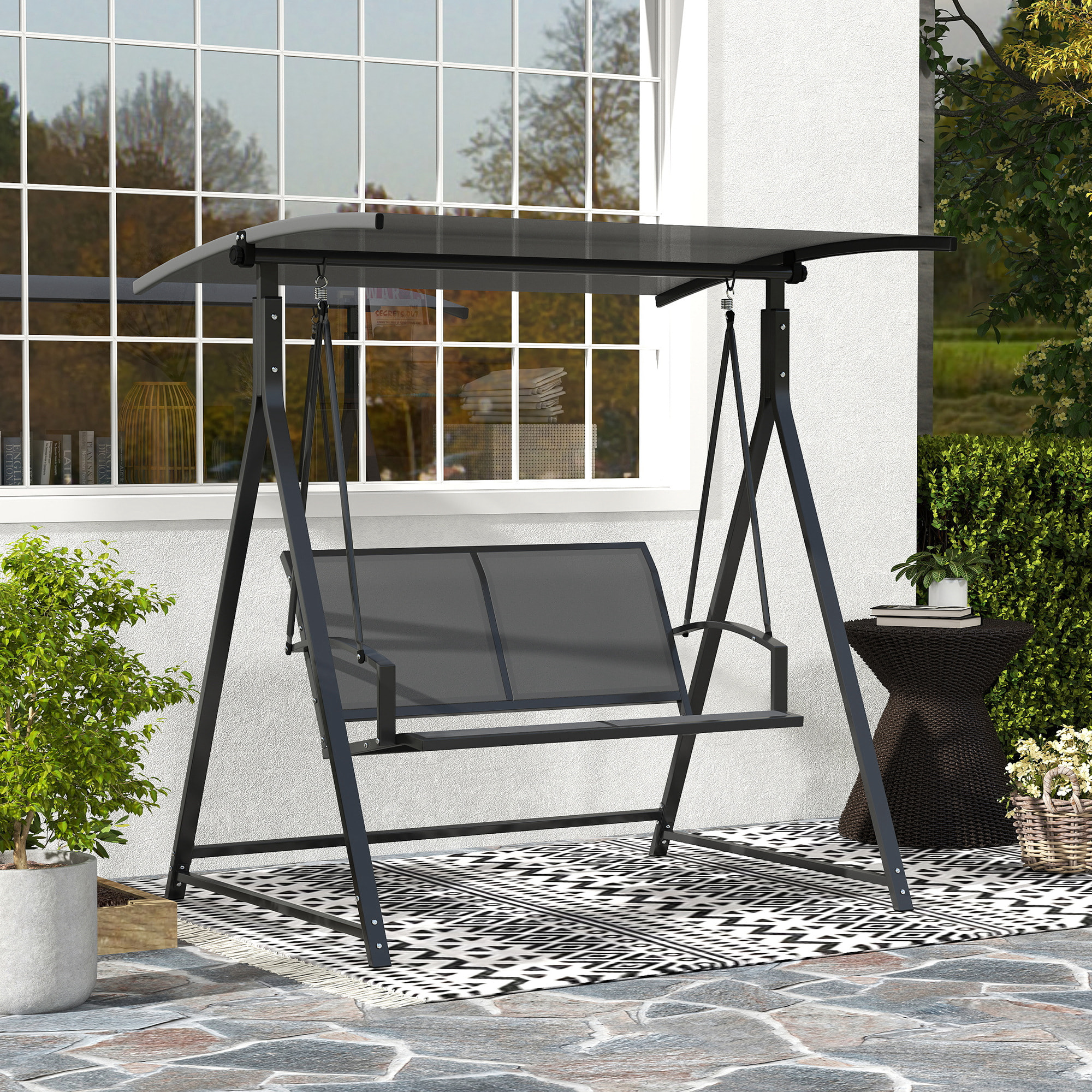 Columpio de Jardín Exterior de 2 Plazas Balancín de Jardín Exterior con Toldo Ajustable 90° Protección UV 30+ y Estructura Triangular de Metal Carga 220 kg 160x112x162 cm Gris Oscuro