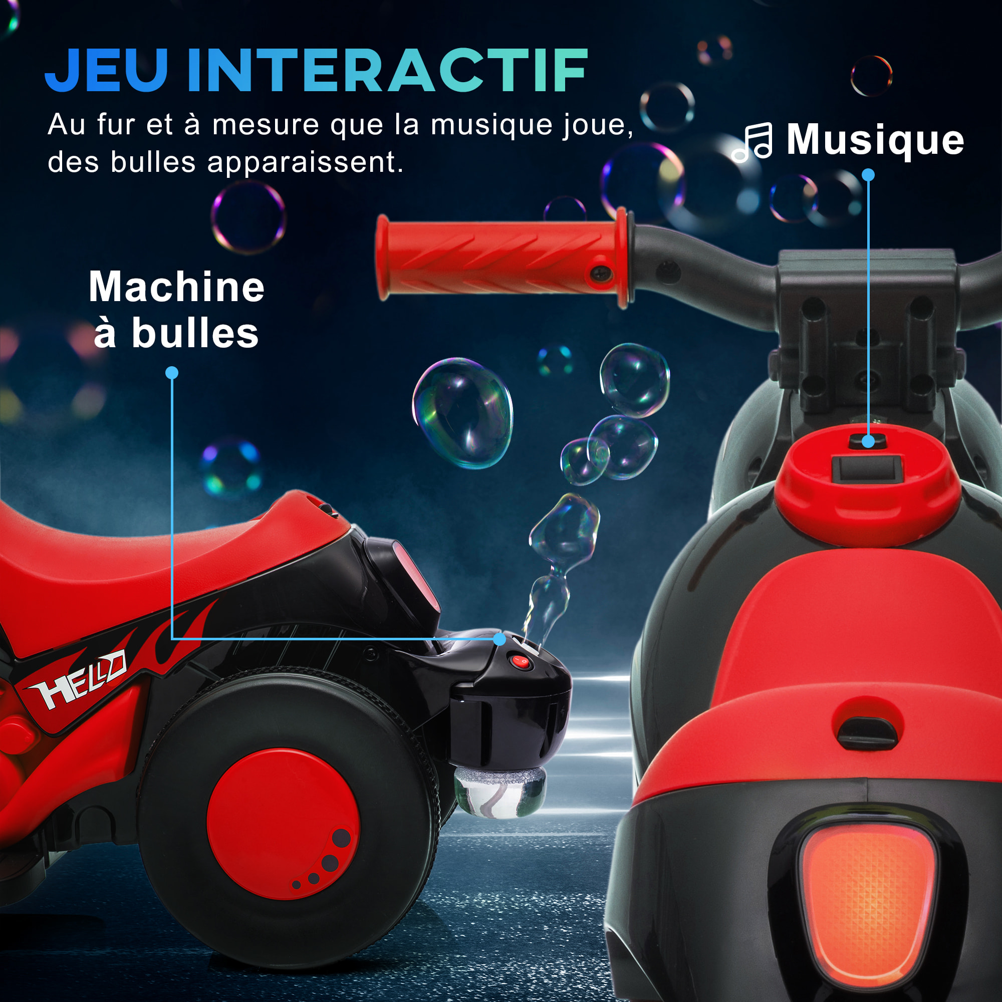 Moto électrique enfant chopper 6V env. 3Km/h 3 roues effets lumineux sonores fonction bulles rouge noir