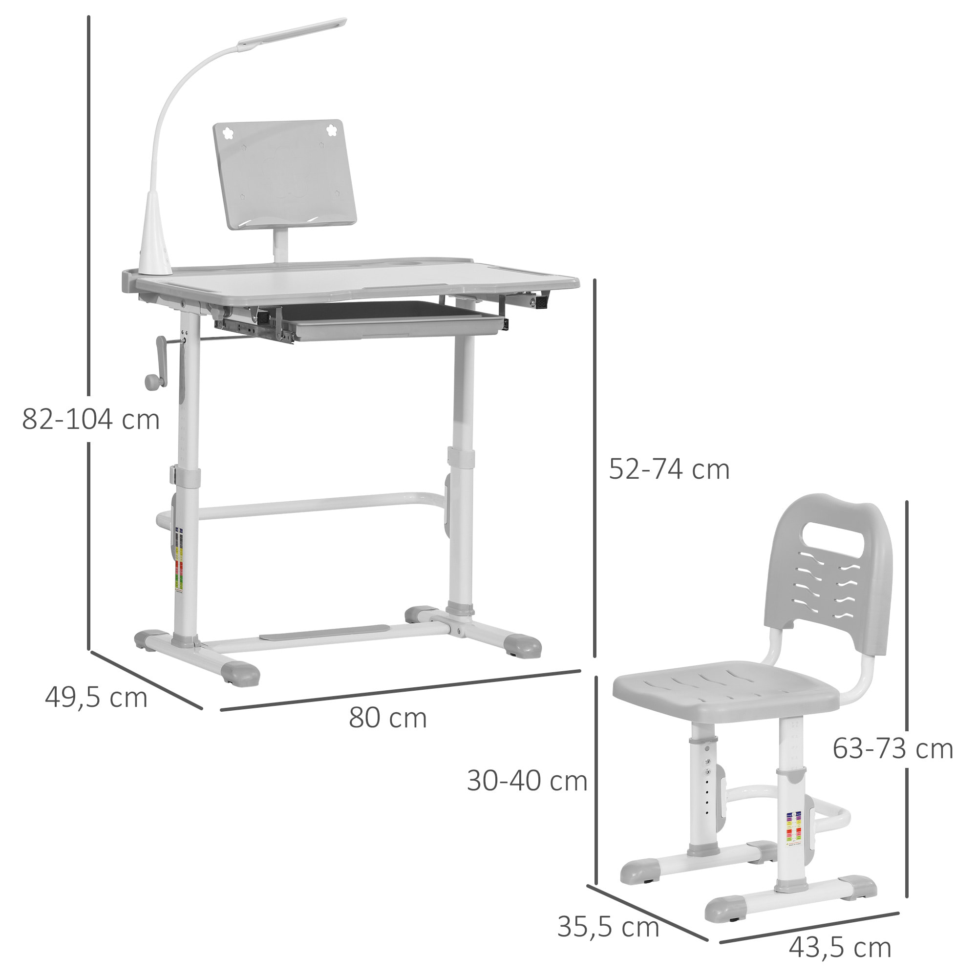 Juego de Escritorio y Silla para Niños de +6 Años Pupitre Infantil con Altura Ajustable Mesa Inclinable Cajón Lámpara LED y Portalápices 80x49,5x82-104 cm y 35,5x43,5x63-73 cm Gris