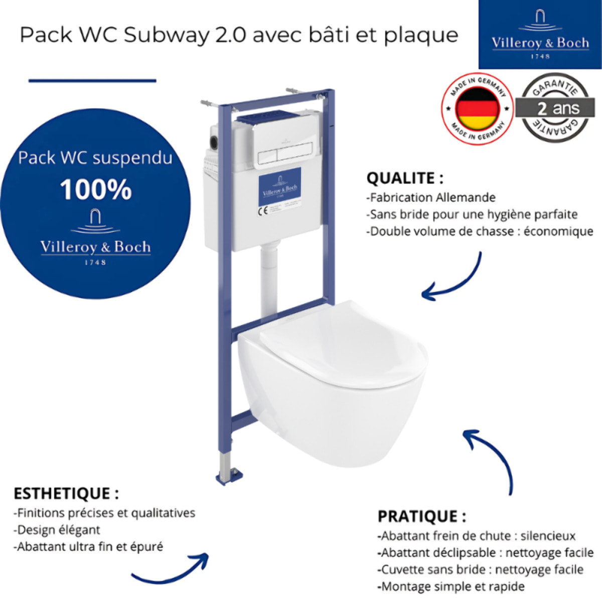 Pack WC sans bride Subway 2.0 avec abattant frein de chute + bâti Viconnect PRO + plaque Chromé mat  + Tabouret bois
