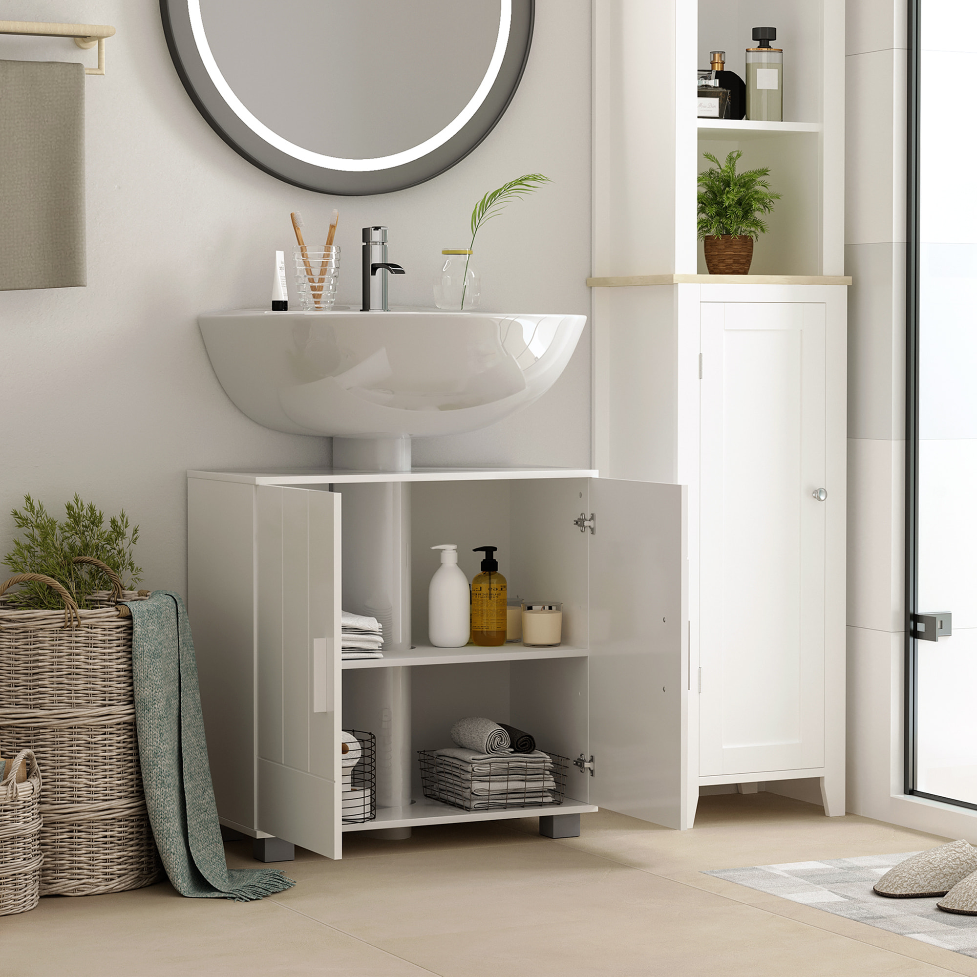 Mueble para Debajo del Lavabo Armario Baño de Suelo de Madera con 2 Puertas y Estante Ajustable Interior Moderno 60x30x60 cm Blanco