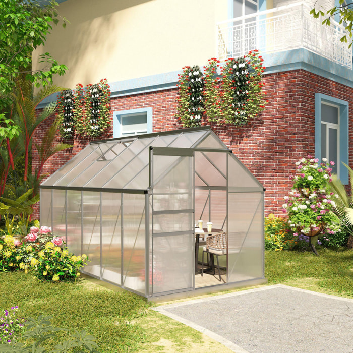Serre de jardin aluminium polycarbonate 7,12 m² dim. 3,75L x 1,9l x 2H m lucarne réglable fondation porte coulissante