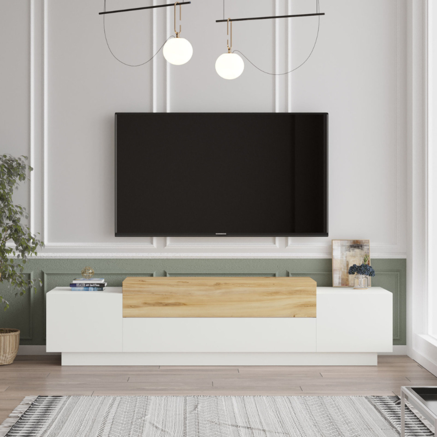 Meuble TV design blanc et bois 160 cm OLEM