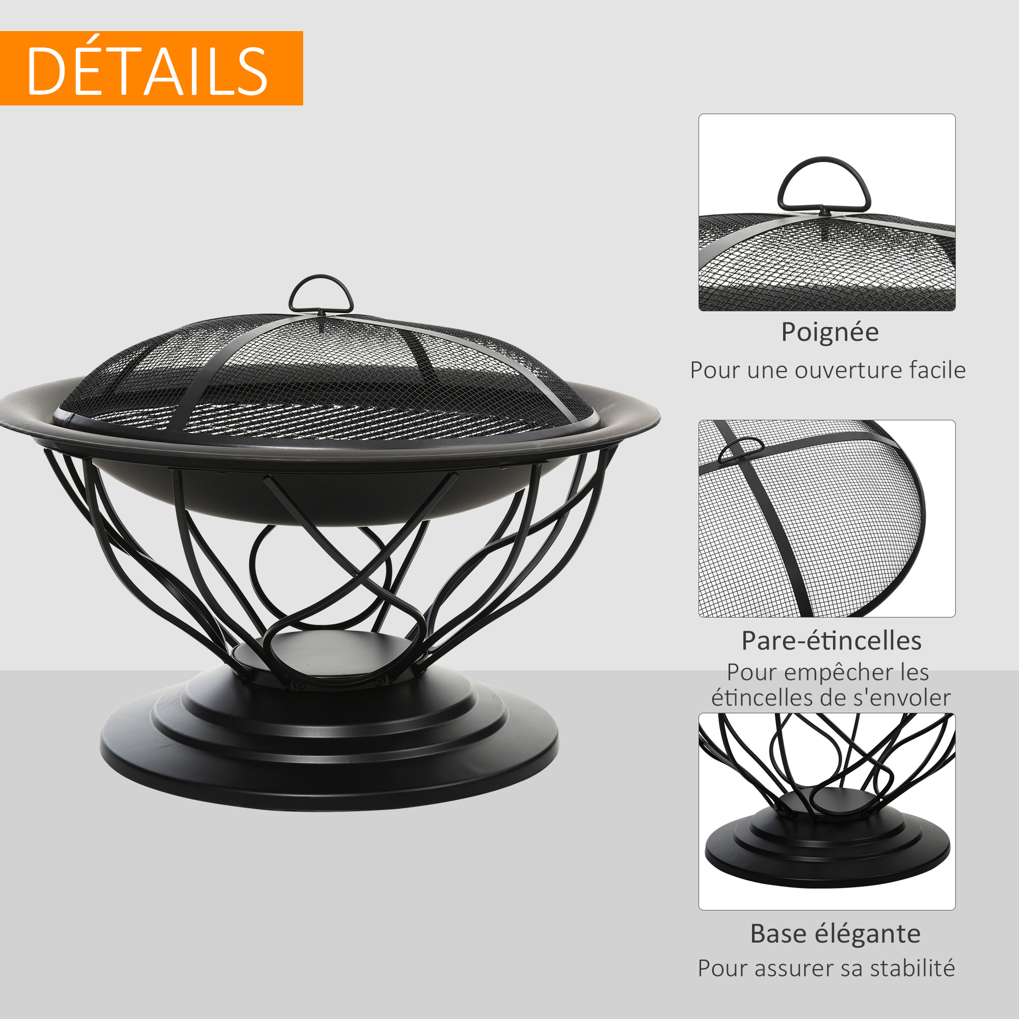 Brasero boule de feu cheminée foyer extérieur Ø 75 x 55H cm grille à charbon + cuisson couvercle tisonnier métal noir