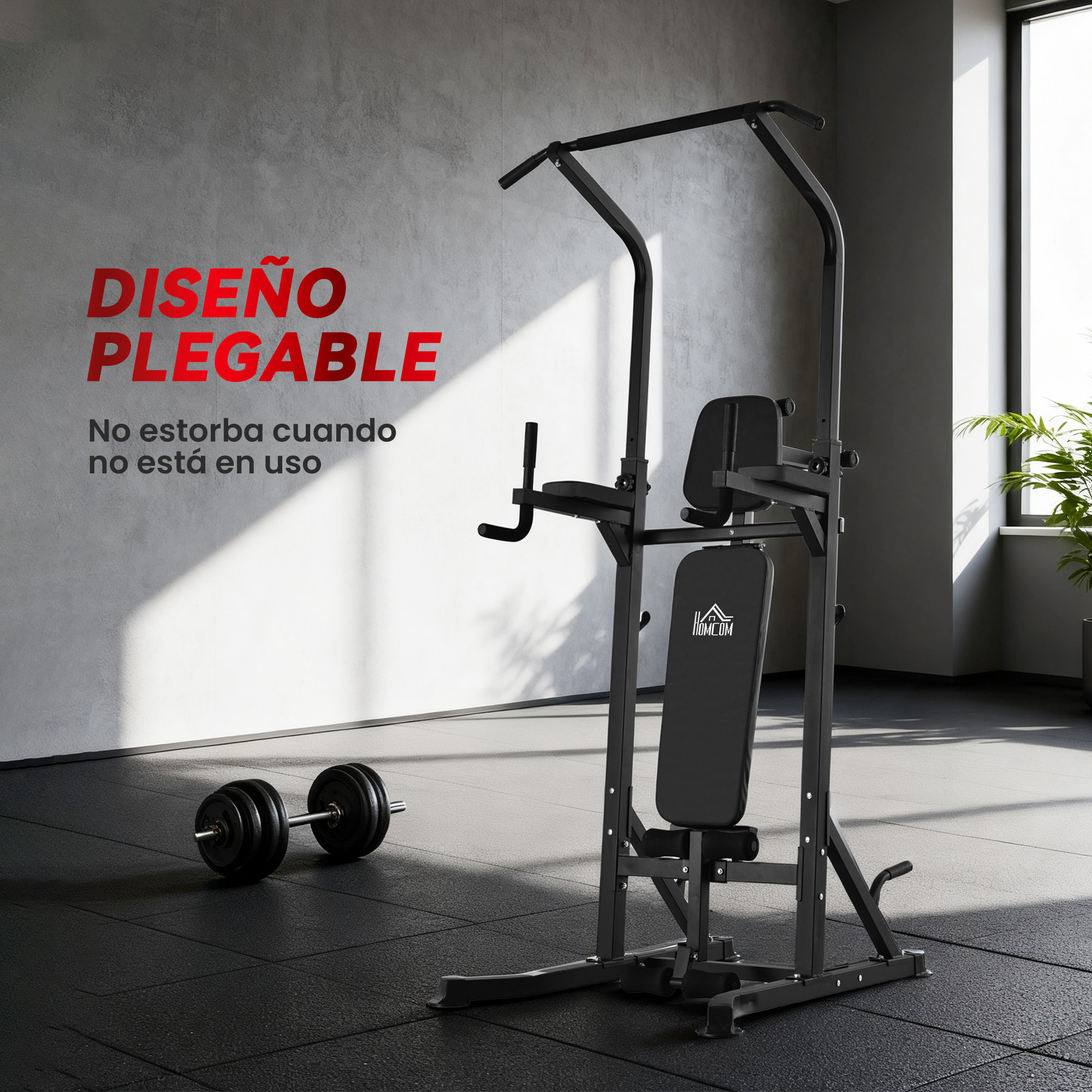 HOMCOM Estación de Musculación Torre de Entrenamiento Altura Ajustable con Barra de Dominadas y Banco Plegable para Fitness en Casa Gimnasio Carga 150 kg 99x178x230 cm Negro
