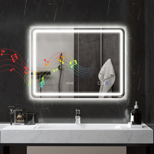 Miroir lumineux LED salle de bain Bluetooth 60x80cm - horloge numérique, antibuée, tactile, réglable - verre trempé 4 mm
