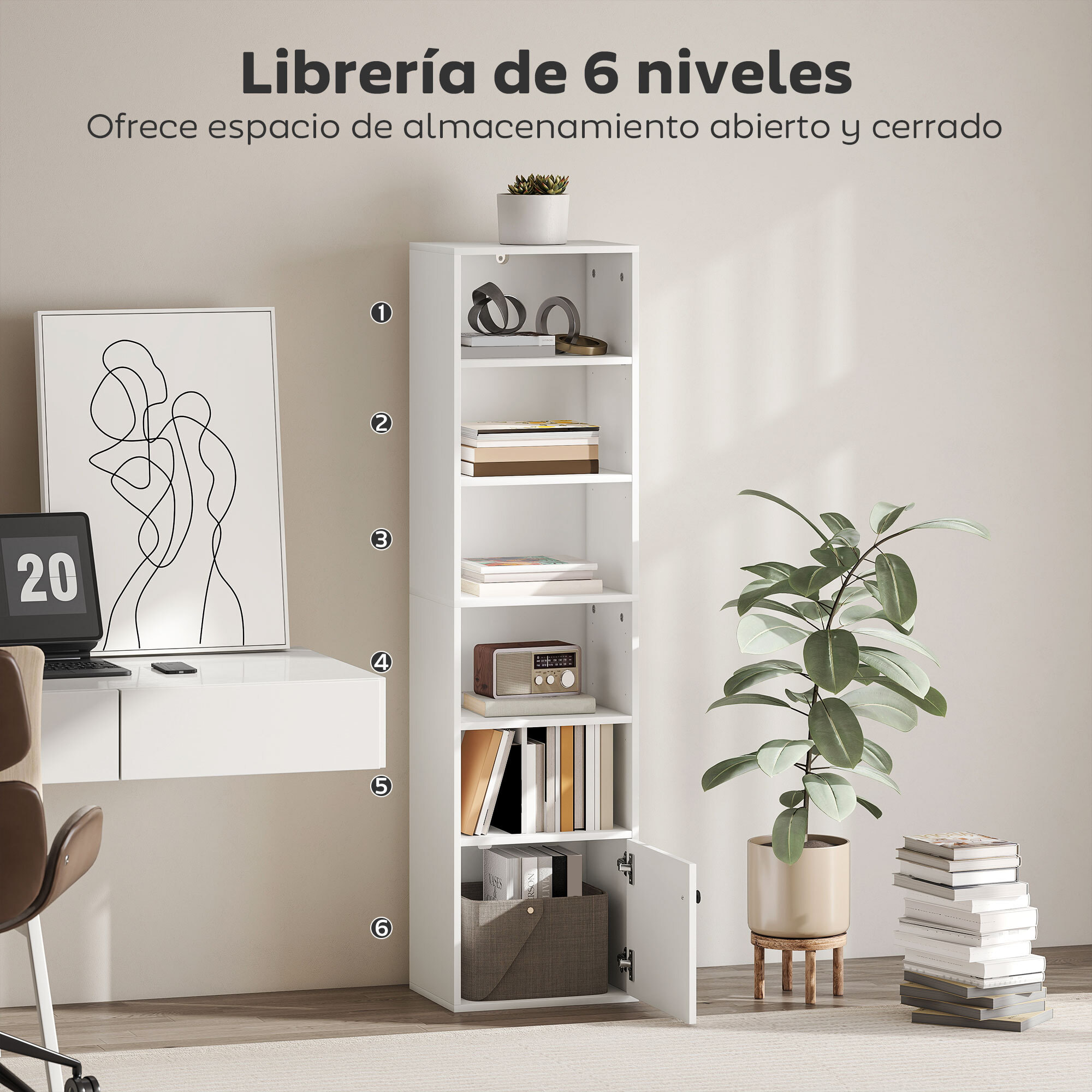 Librería de 6 Niveles, Estantería para Libros con Estantes Ajustables y Puerta, Estantería Moderna, 40x30x156 cm, para Salón, Dormitorio, Estudio, Oficina, Blanco
