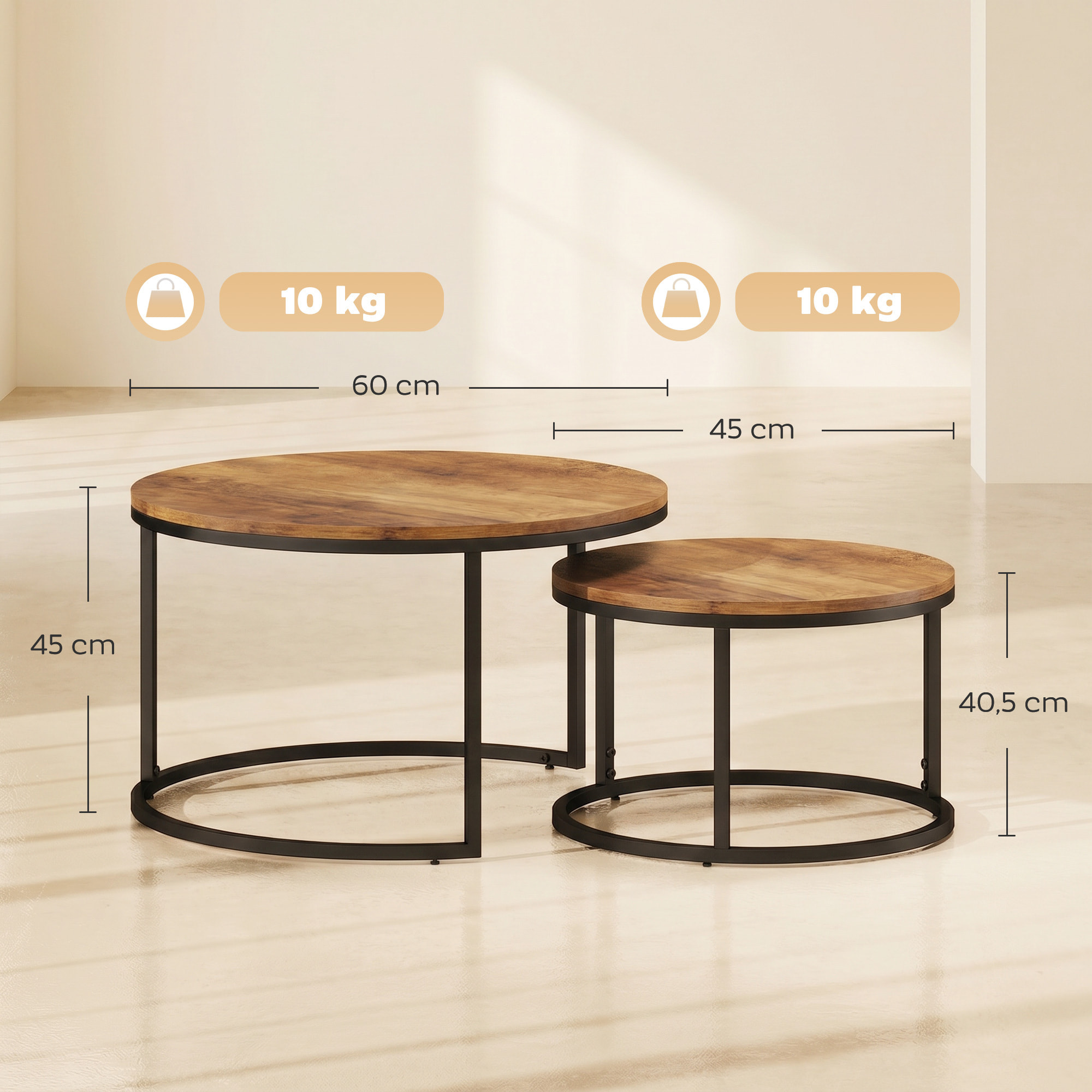 HOMCOM Set de 2 Mesas de Centro Redondas, Mesas Nido Industriales con Estructura Metálica para Salón, Dormitorio u Oficina, 60x60x 45 cm, Marrón