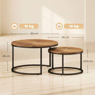 HOMCOM Set de 2 Mesas de Centro Redondas, Mesas Nido Industriales con Estructura Metálica para Salón, Dormitorio u Oficina, 60x60x 45 cm, Marrón