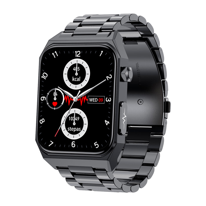 Smartwatch E530 con detección de glucosa en sangre, monitor de tensión y O2. ECG con medición en pecho. Pantalla de 1,91. Correa de metal.
