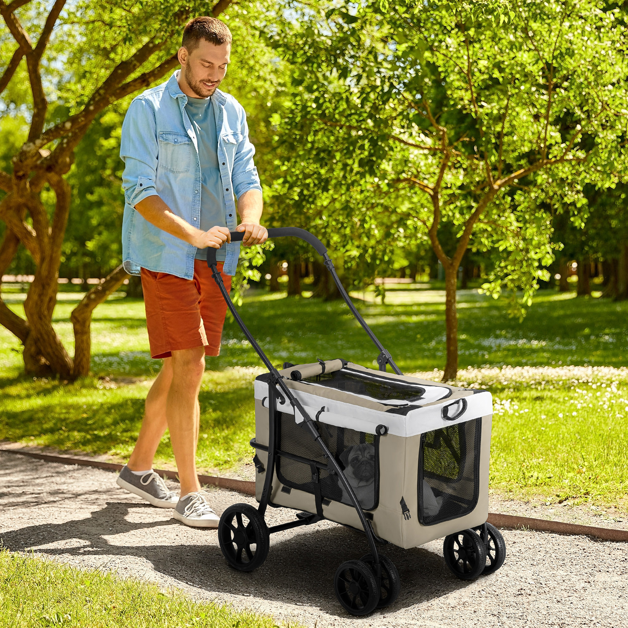 PawHut Carrito para Perros Cochecito para Perros Plegable con Vagón Desmontable 4 Puertas con Cremallera 2 Correas de Seguridad 2 Correa de Transporte y Cojín Caqui