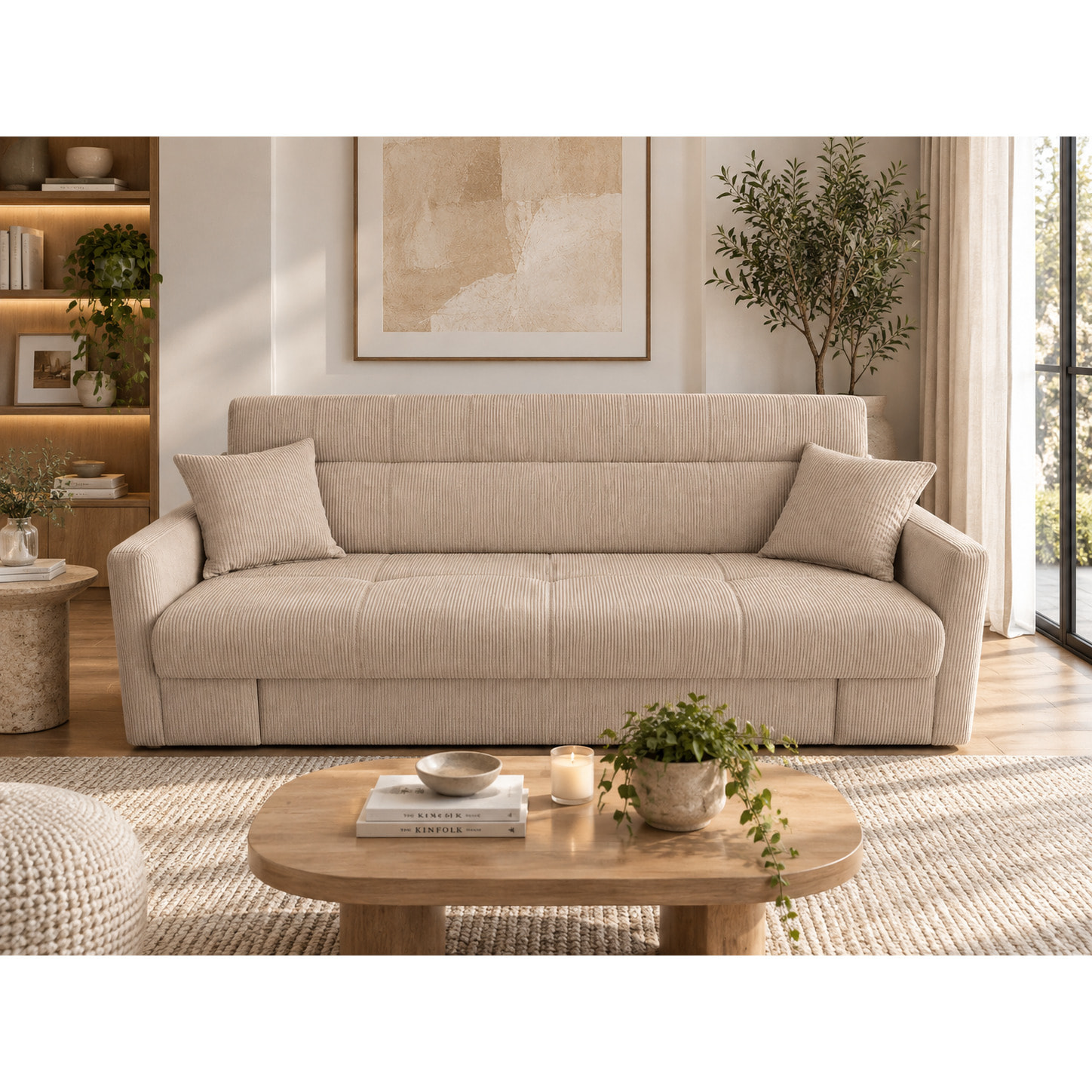 Canapé convertible avec coffre en velours cotelé beige 3 places BAKAR