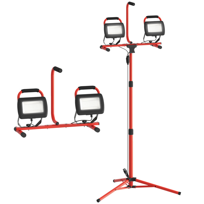 Foco LED Doble Recargable de Aluminio con Trípode Plegable 8500 Lúmenes IP65 6500K y Cabezas Ajustables para Trabajo Interior y Exterior Rojo y Negro