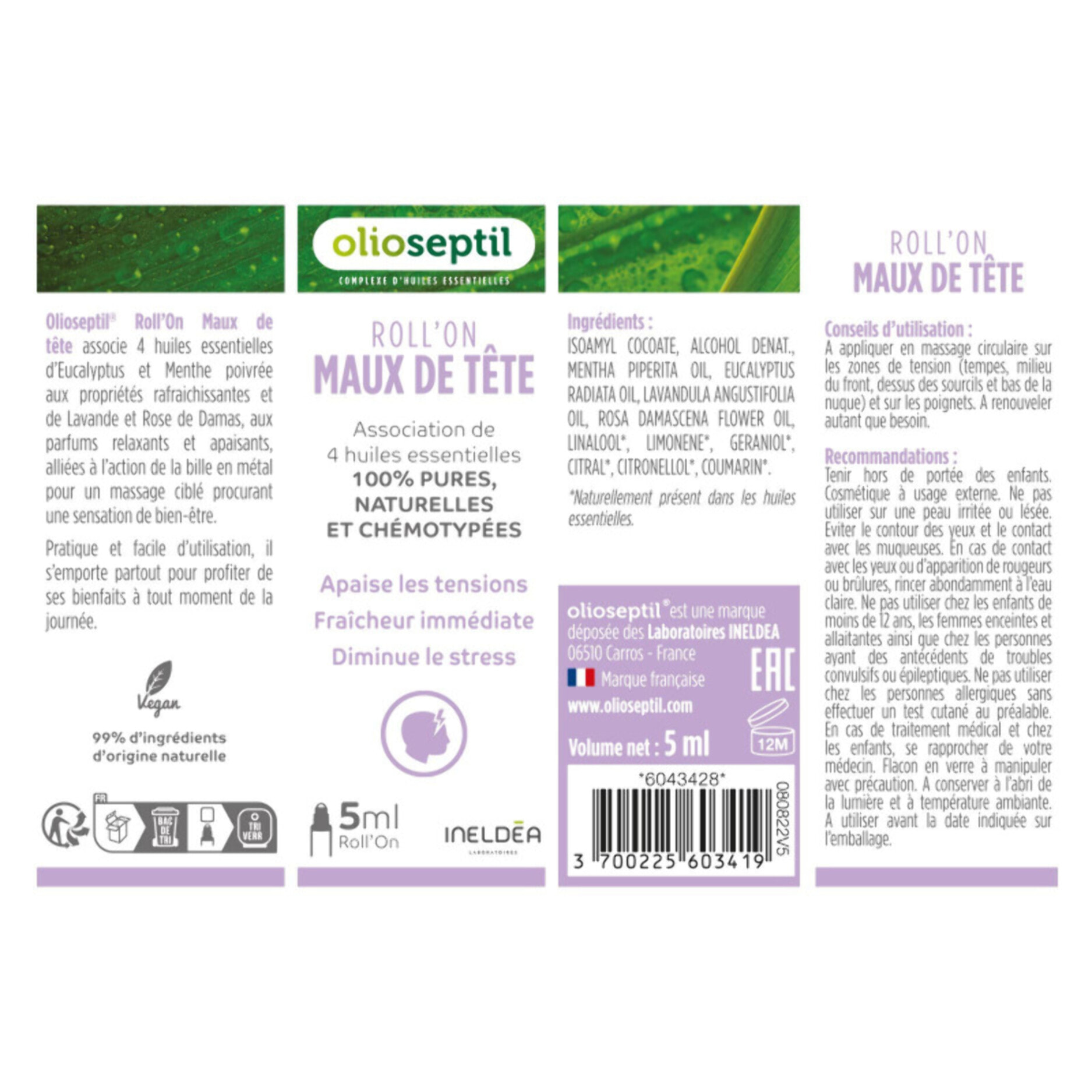 OLIOSEPTIL - Roll'On Maux de Tête - Apaise les tensions - Fraîcheur immédiate - Diminue le stress - Aux Huiles Essentielles - Extrait de plantes - Marque Française - Lot de 3 produits