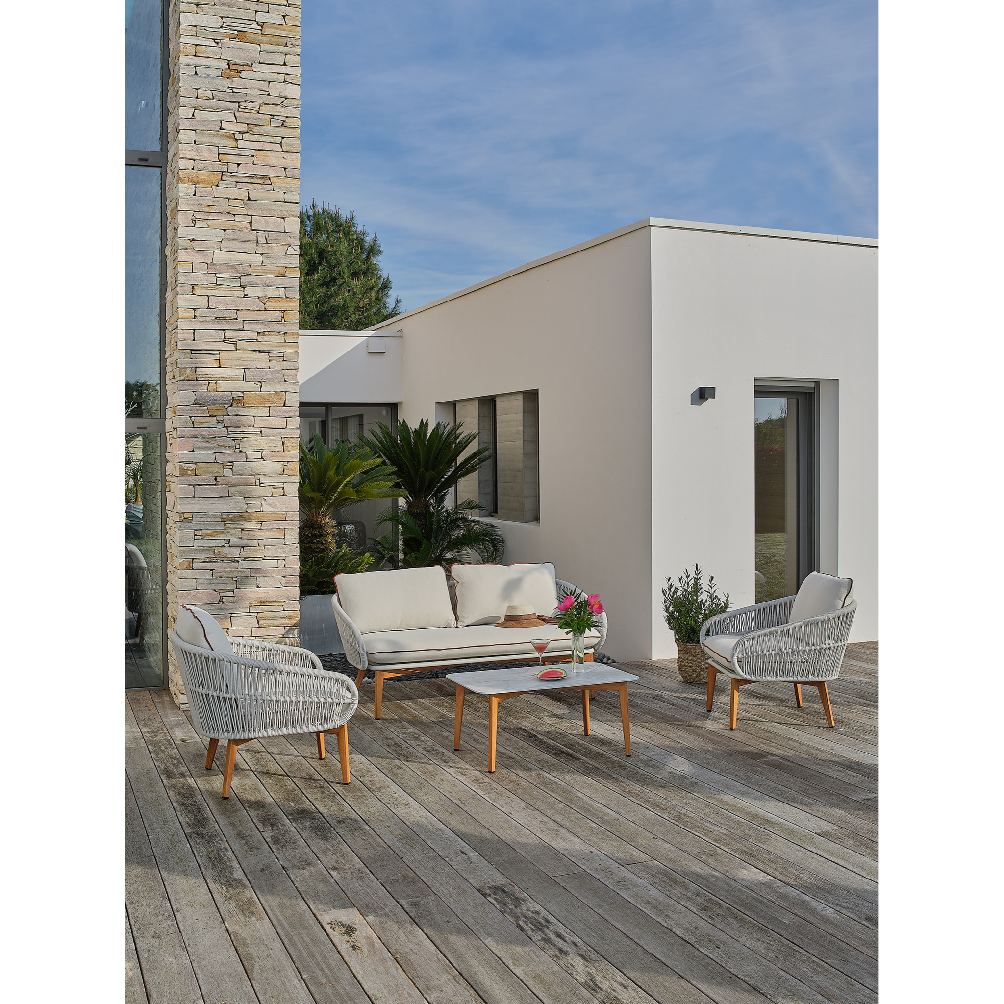 CUZCO - Salon bas de jardin 5 pl en alu imitation bois et corde tissée, blanc