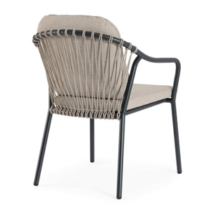 Set 4 sedie da giardino PAMPLONA con cuscini beige, schienale in corda e struttura antracite