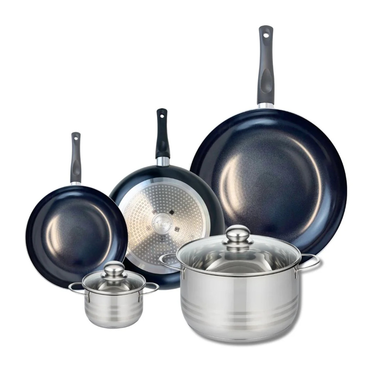 Ensemble de 3 Poêles de cuisson 20, 24 et 32 cm et 2 faitouts 12 et 24 cm Elo Prima Brillant