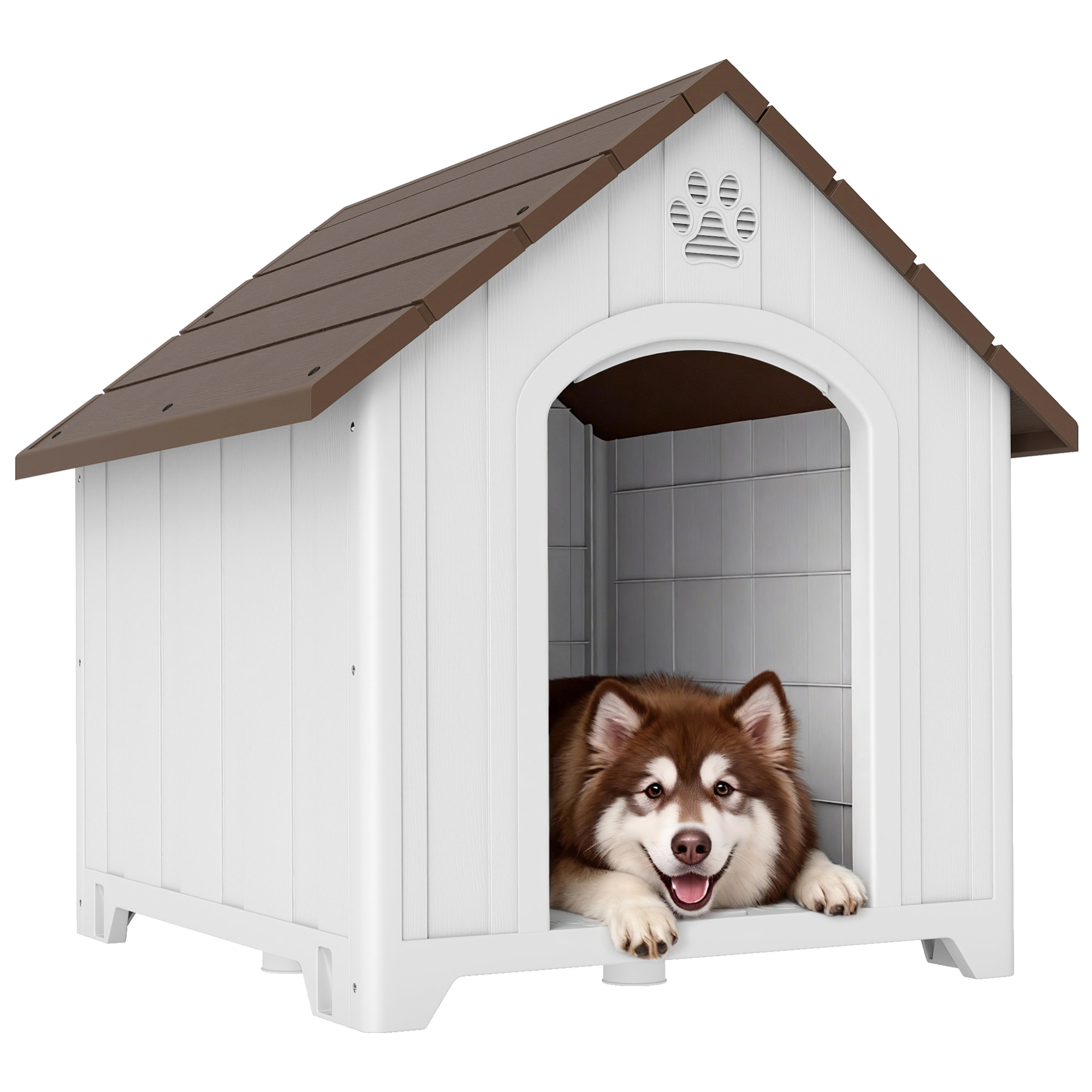 Caseta para Perros Exterior, Casa para Perros Extragrandes de Plástico Impermeable con 2 Ventanas, Base Elevada, Estacas, Fácil de Montar, 102x94x103 cm, Marrón Oscuro