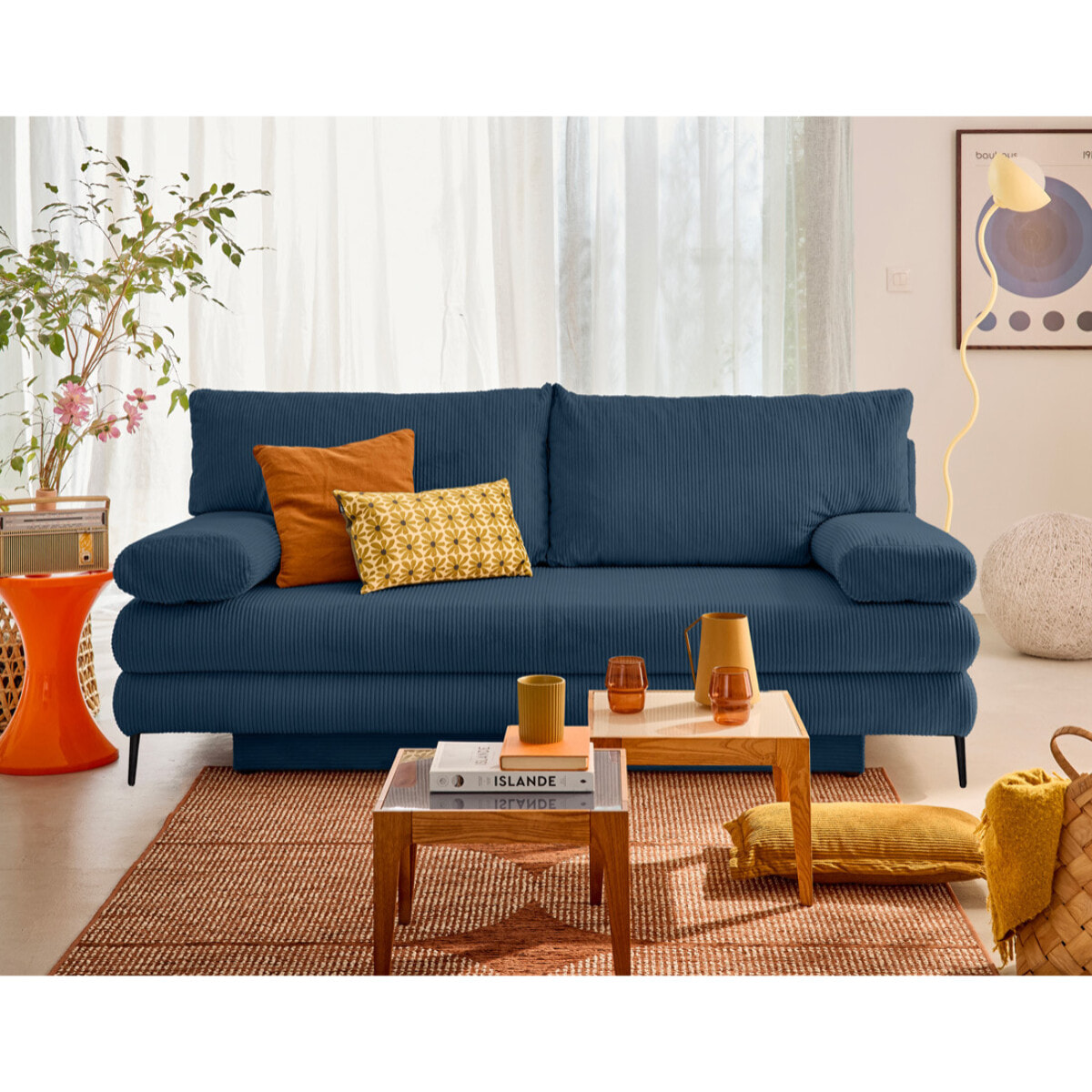 Elton - canapé 3 places convertible avec coffre en velours côtelé - Bleu