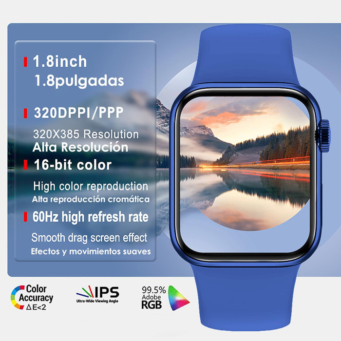 Smartwatch AW20 con notificaciones de redes sociales, modos deportivos, monitor cardiaco y oxígeno en sangre.