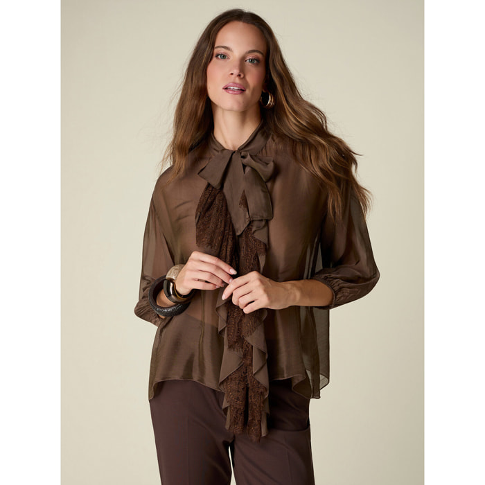Oltre - Camicia in voile misto seta con volant - Marrone