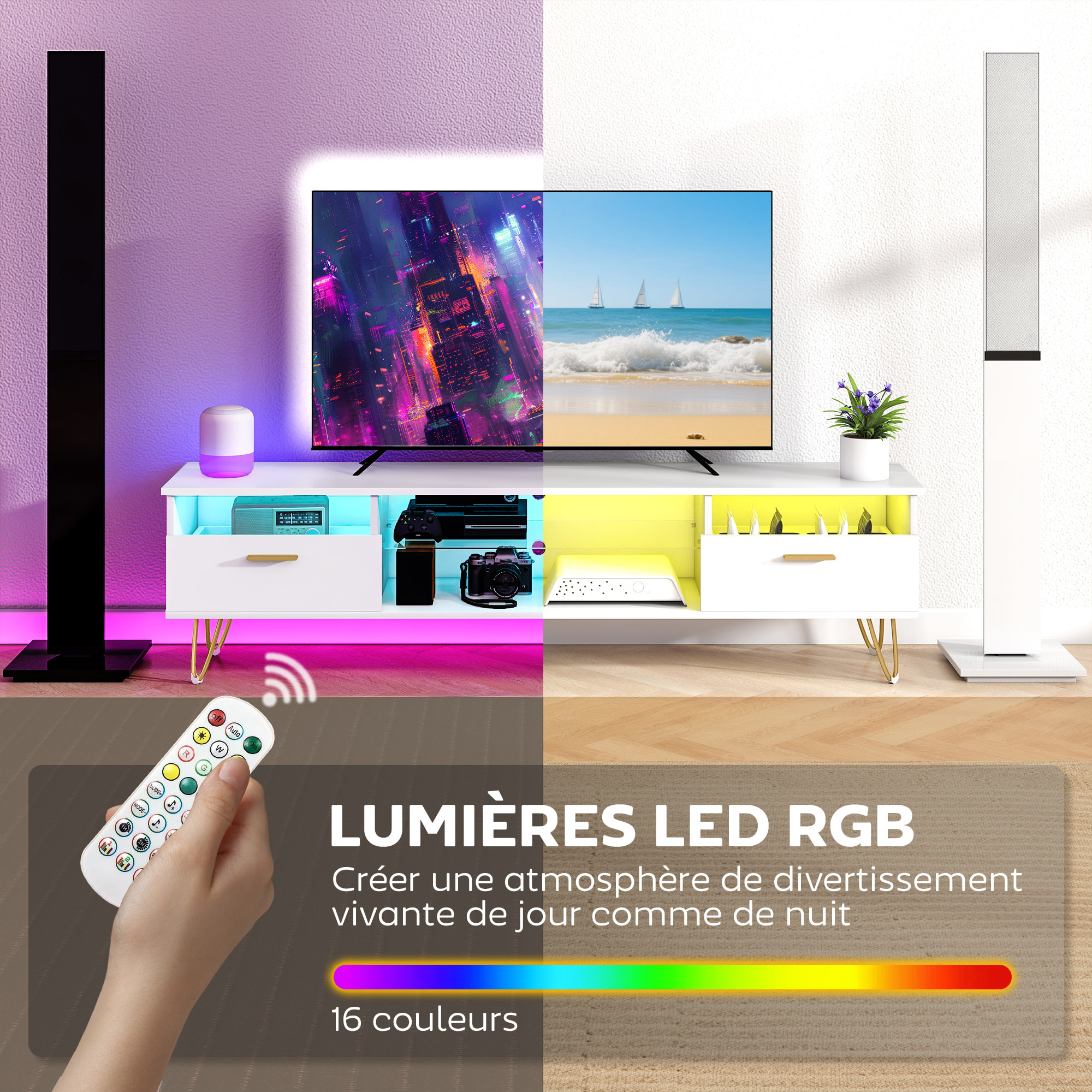 Meuble TV blanc laqué LED design multi-rangement dim. 160x35x42cm