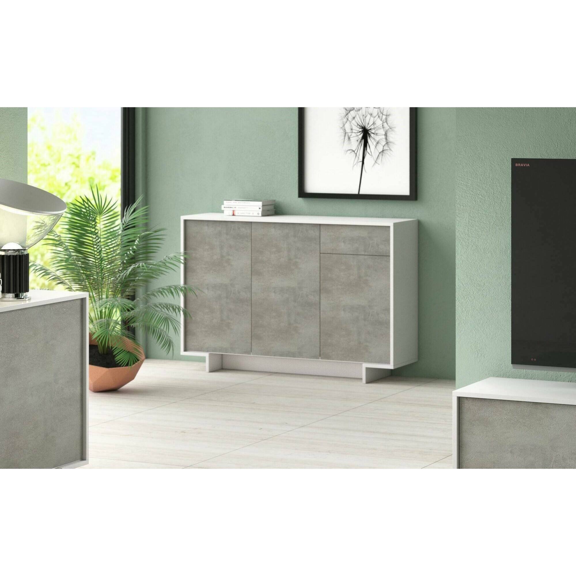 Credenza Dbakayok, Madia da salotto, Buffet da soggiorno a 3 ante e 1 cassetto, 100% Made in Italy, 134x35h87 cm, Bianco e Cemento