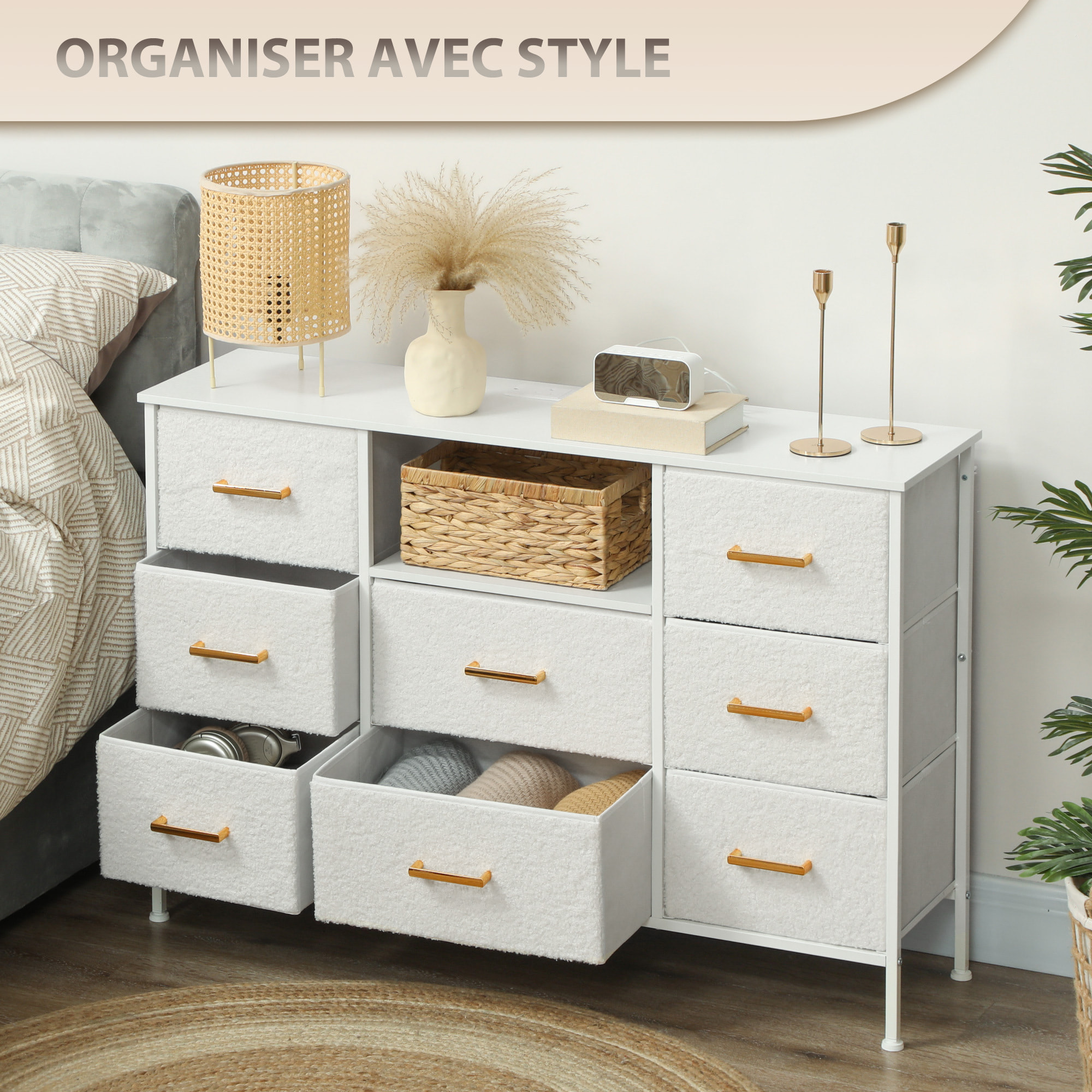 Commode design effet bouclette 8 tiroirs non tissés niche poignées métal doré acier blanc