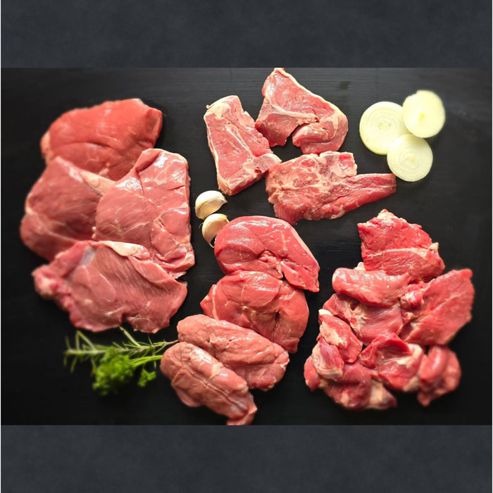 Colis Agneau UK: 4 Pavés d'Agneau (4x125g), 1 Sauté d'Agneau (500g) et 4 Tranches de gigot sans os (4x160g)- 6 Côtelettes d'Agneau filets et première (6x80g) - France - B1- 1,64kg - UK