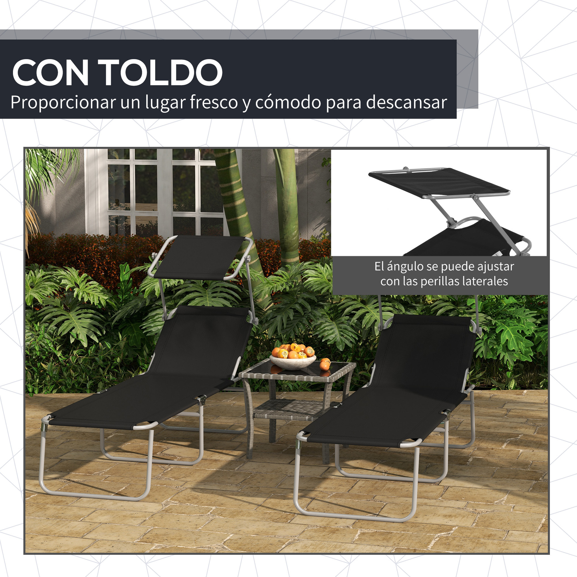 Conjunto de 2 Tumbonas Plegables Tumbonas de Jardín con Toldo Desmontable y Ajustable Respaldo Regulable en 4 Niveles Carga 120 kg para Playa Terraza 187x58x36 cm Negro