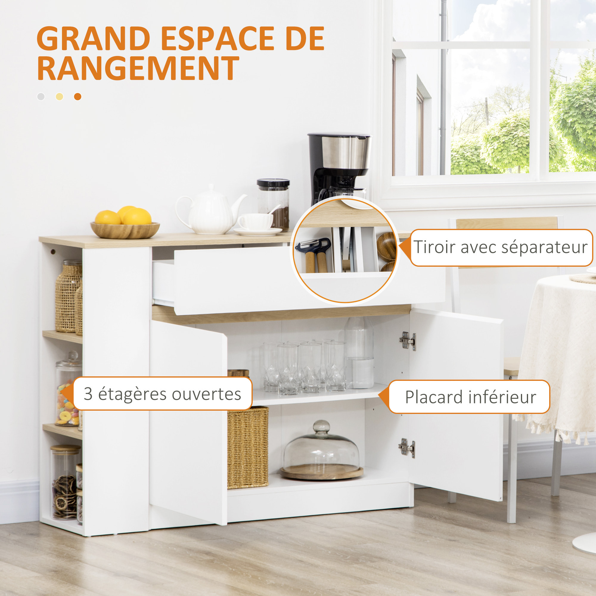 Buffet 2 portes étagère tiroir coulissant 3 niches latérales panneaux blanc aspect chêne clair