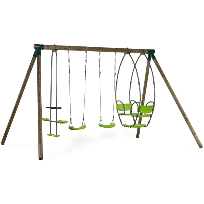 Portique bois "Nelio" - Avec 2 balançoires , 1 vis-à-vis et 1 nacelle.