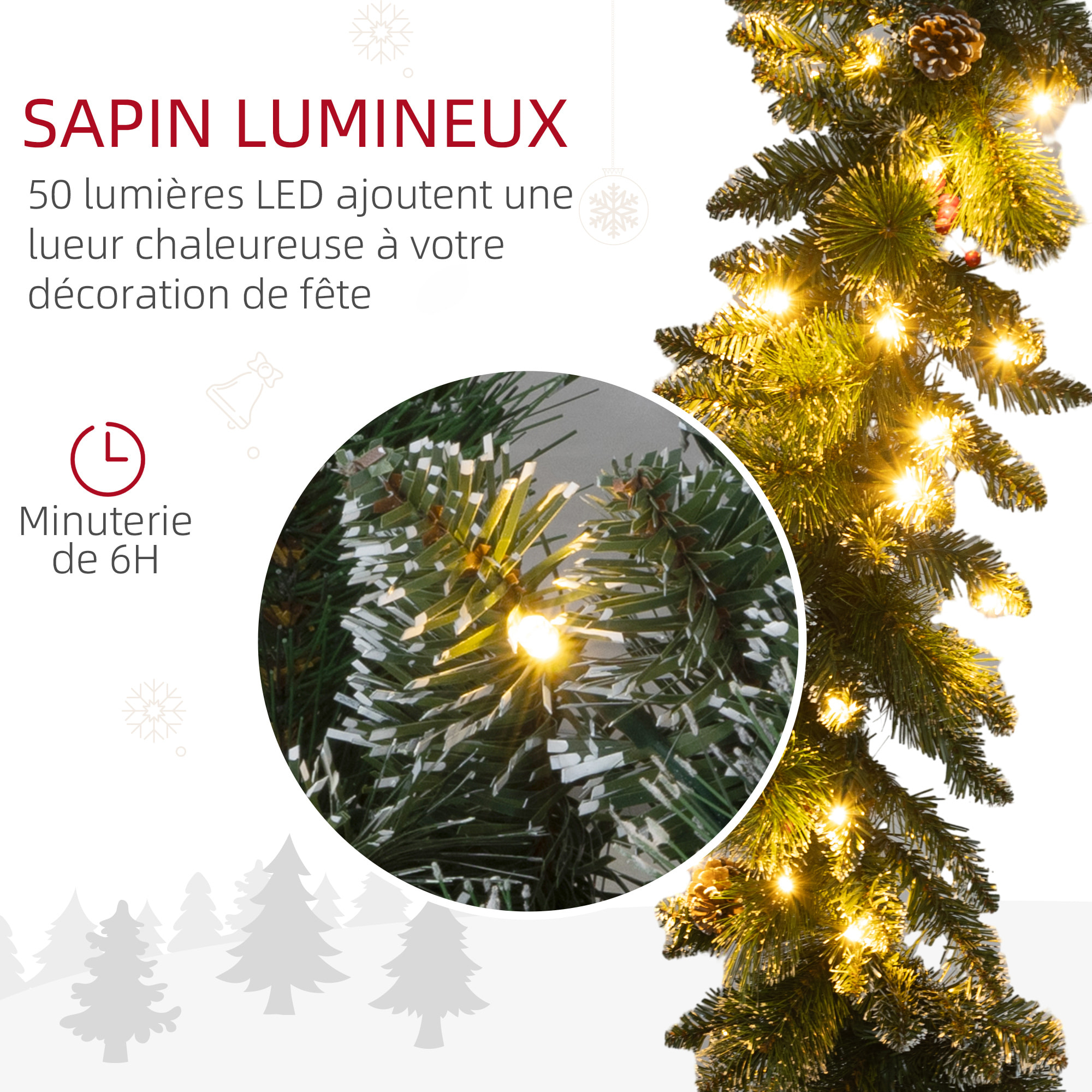 Guirlande de Noël artificielle LED 180 cm - pommes de pin, baies rouges, 50 LED blanc - vert