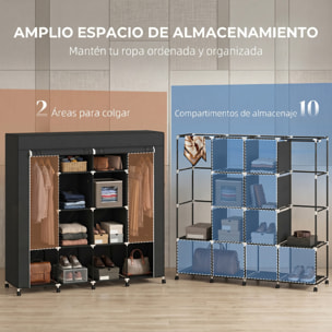 Armario de Tela con Ruedas, Armario Ropero Portátil con 2 Barras para Colgar, 10 Compartimentos, Cremallera, Marco de Acero, para Dormitorio, Espacio Pequeño, 166x42,5x167 cm, Negro